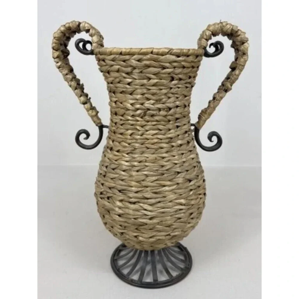 Vintage Wicker Umbrella Stand Holder Tall Floor Vase Metal Base Boho 18